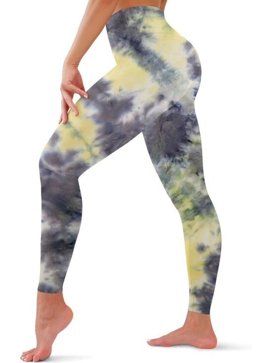 Pants - Women's Yellow Tie Dye Tummy Control Workout High Waisted Imported Yoga Leggings